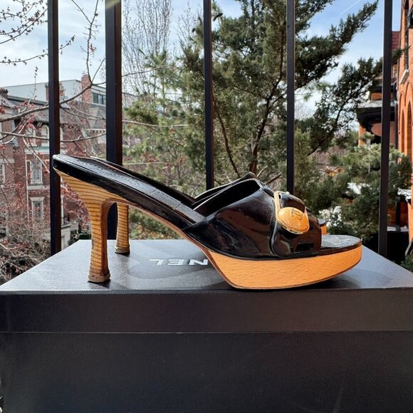 CHANEL Sandals Mules Heeled Shoes Platform Black Buckle CC Logo Box EUR 36.5 - Picture 16 of 16